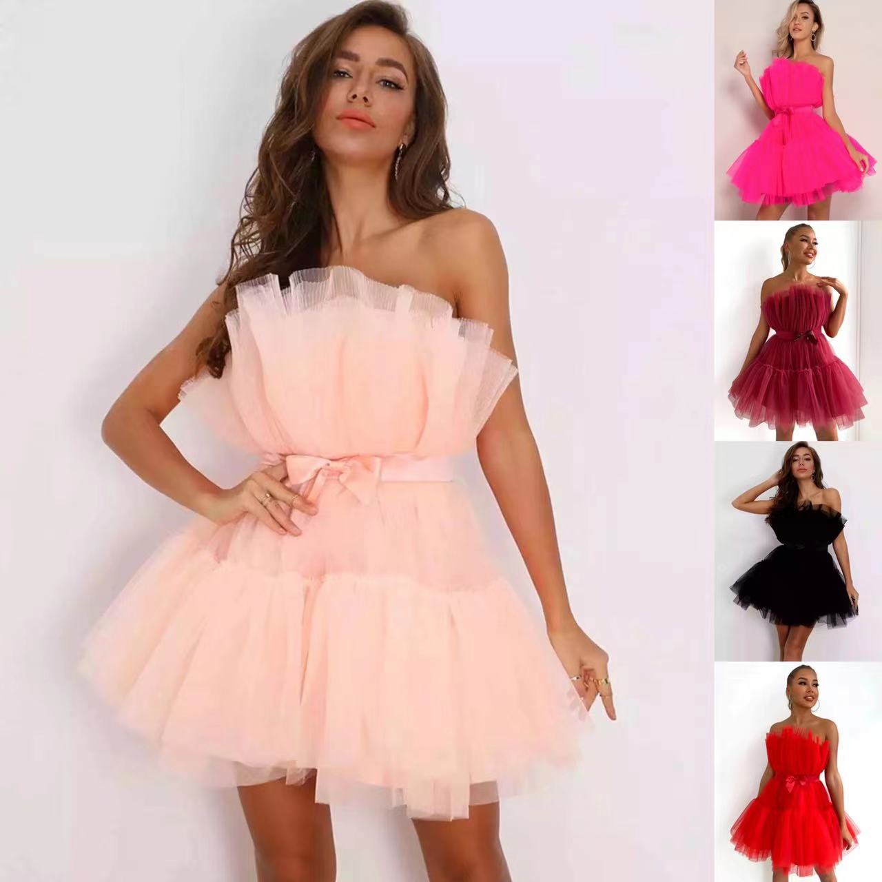 Sexy Strapless Tulle Bowknot Ball Gown Pary Dresses-Dresses-Pink-S-Free Shipping Leatheretro