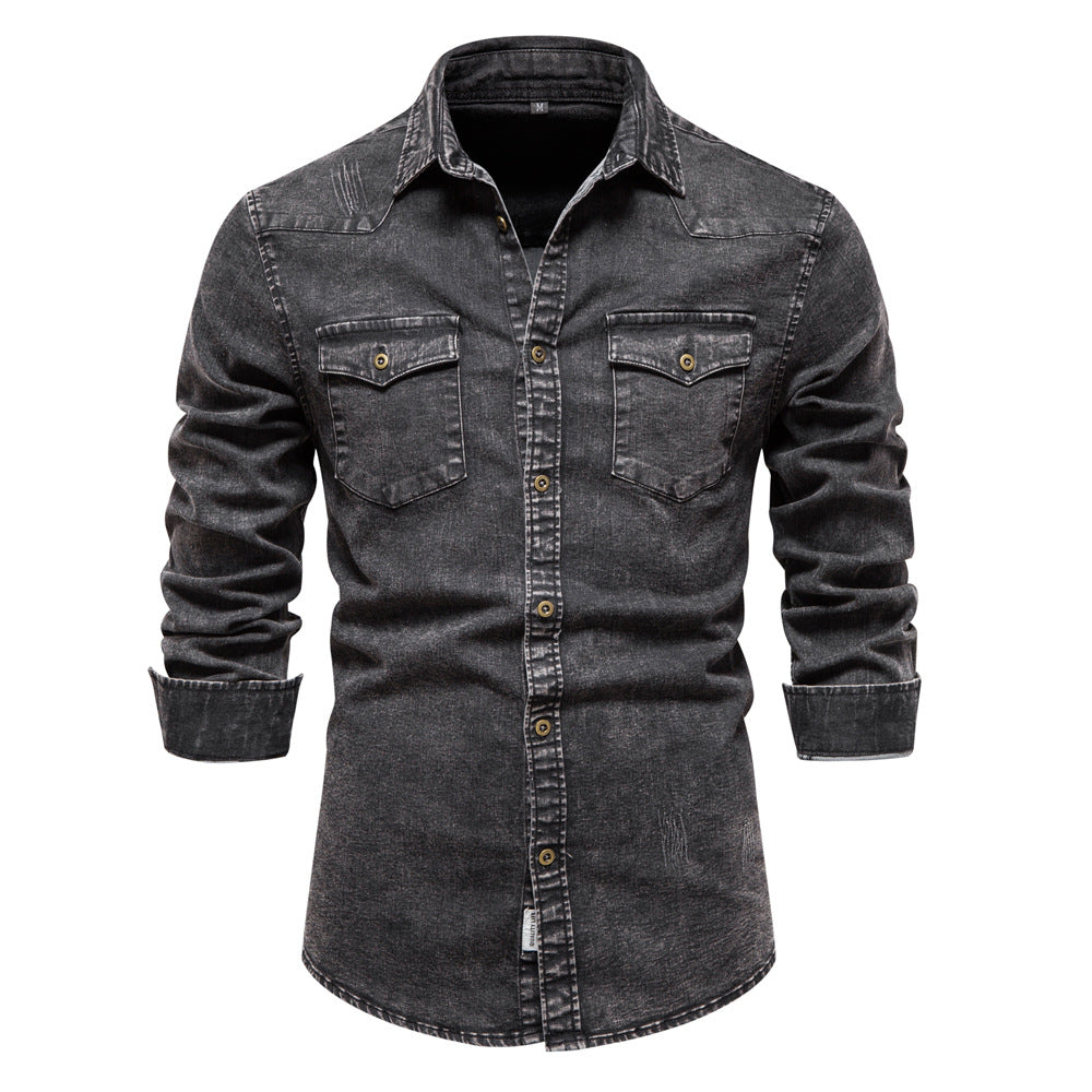 Fashion Denim Long Sleeves Shirts for Men-Shirts & Tops-Black-S-Free Shipping Leatheretro