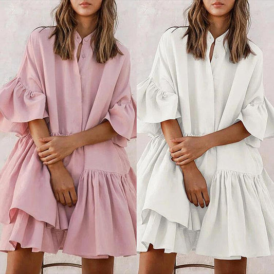 Sweet White and Pink Shirt Dresses-Mini Dresses-White-L-Free Shipping Leatheretro