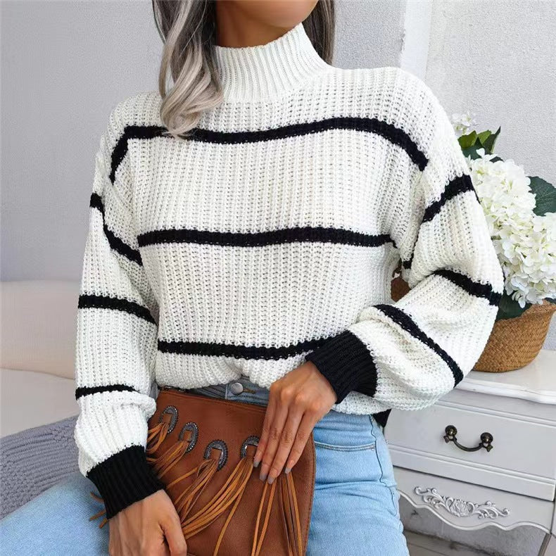 Fashion Striped High Neck Knitted Pullover Sweaters-Shirts & Tops-White-One Size-Free Shipping Leatheretro