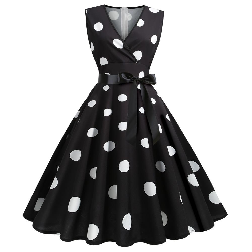 Casual Sleeveless Dot Print Vintage Dresses-Vintage Dresses-Black-S-Free Shipping Leatheretro