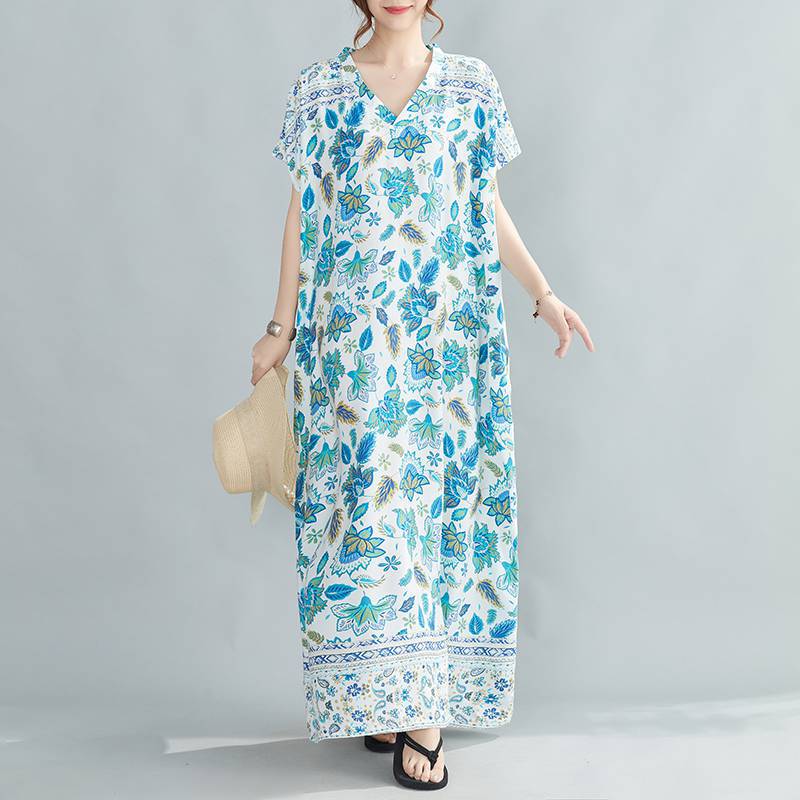 Women Summer Plus Sizes Long Dresses-Dresses-Floral Design-One Size (50-120 kg)-Free Shipping Leatheretro