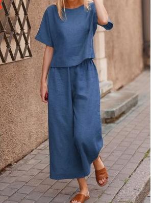 Leisure Women Loose Linen Two Pieces Suits-Two Pieces Suits-Navy Blue-S-Free Shipping Leatheretro
