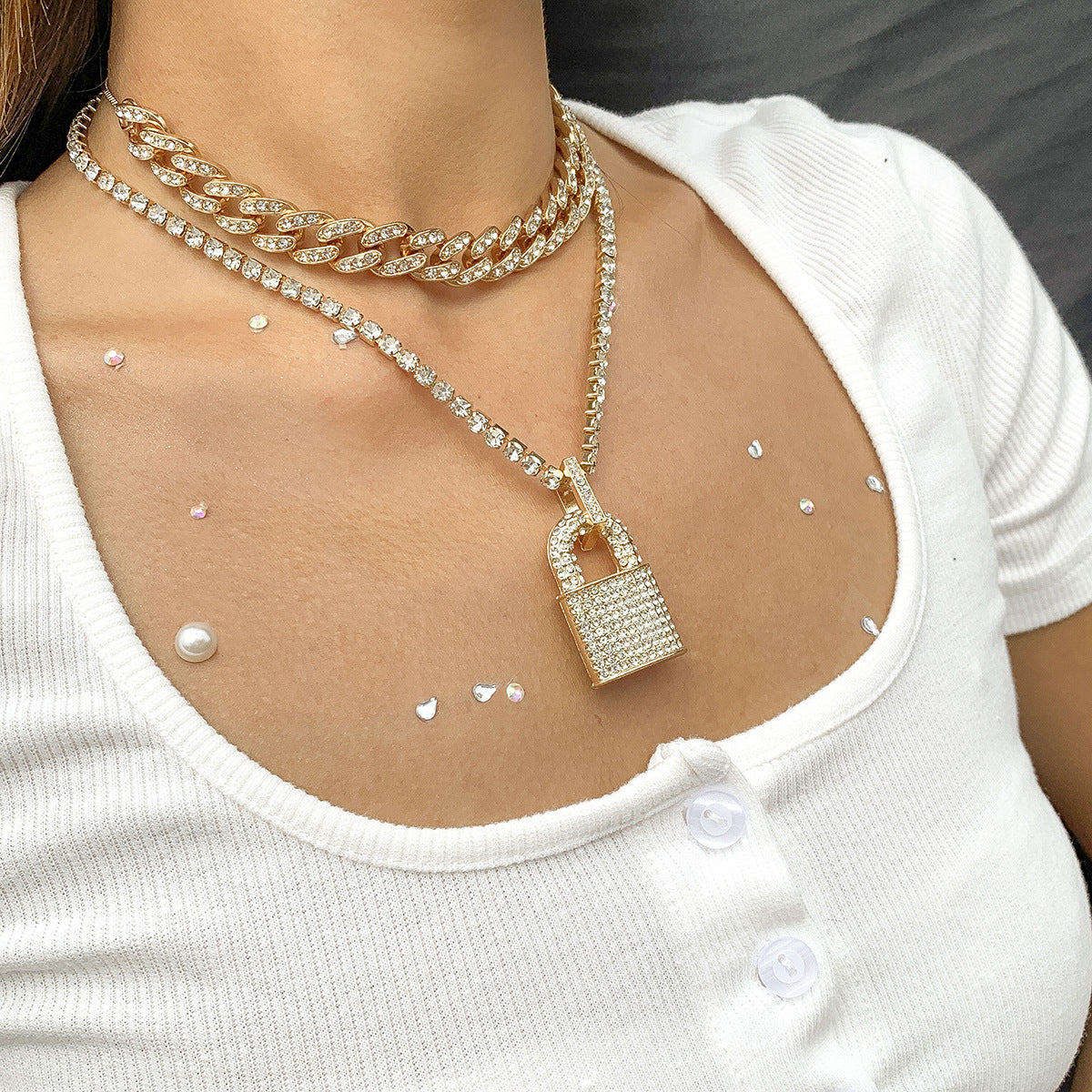 Creative Lock Design Rhinestone Clavicle Necklace for Women-Necklaces-Golden-Free Shipping Leatheretro