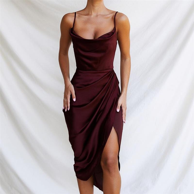 Sexy Split Front Satin Suspender Dresses-Dresses-Wine Red-S-Free Shipping Leatheretro