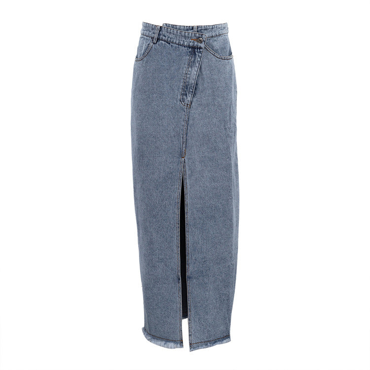 Vintage High Waist Split Front Denim Sheath Skirts-Skirts-Blue-S-Free Shipping Leatheretro