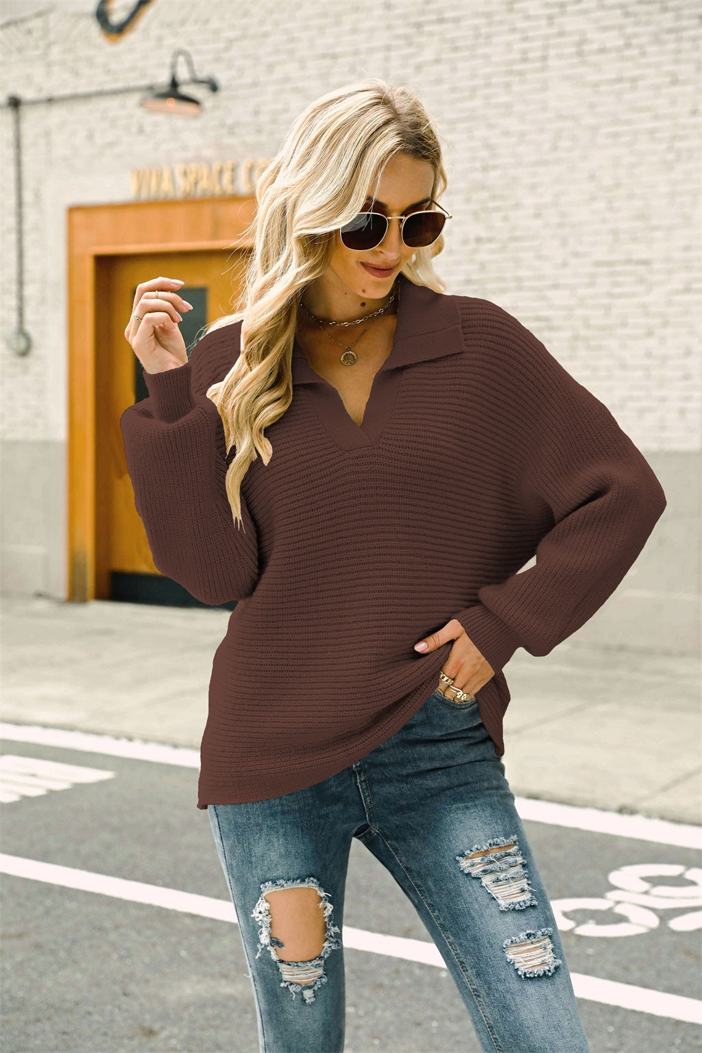 Casual Knitted Plus Sizes Pullover Sweaters-Shirts & Tops-Coffee-S-Free Shipping Leatheretro