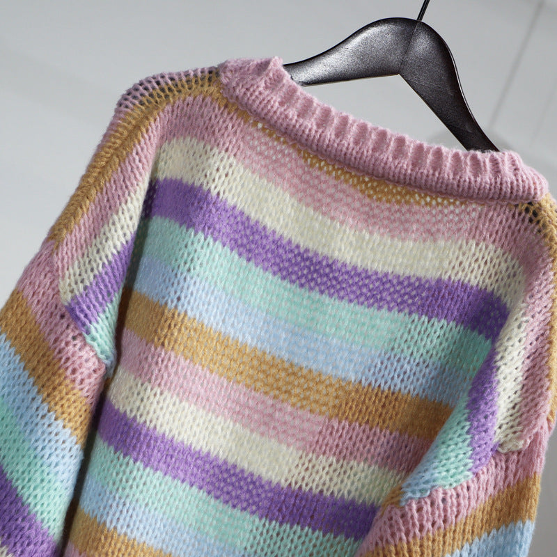 Colorful Striped Women Knitted Cardigan Outerwear-Shirts & Tops-Pink-One Size-Free Shipping Leatheretro