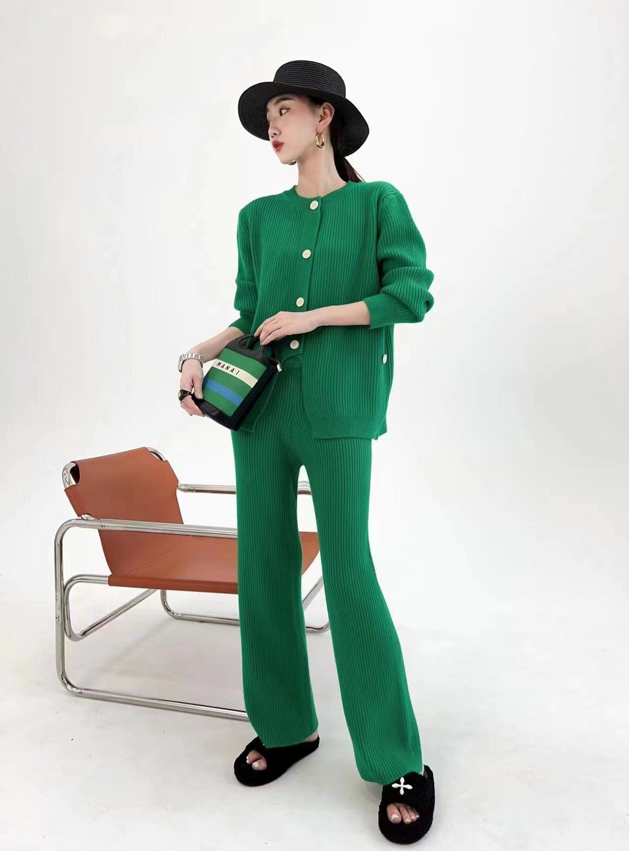 Designed Knitted Tops and Wide Legs Pants for Women-Suits-Green-One Size-Free Shipping Leatheretro