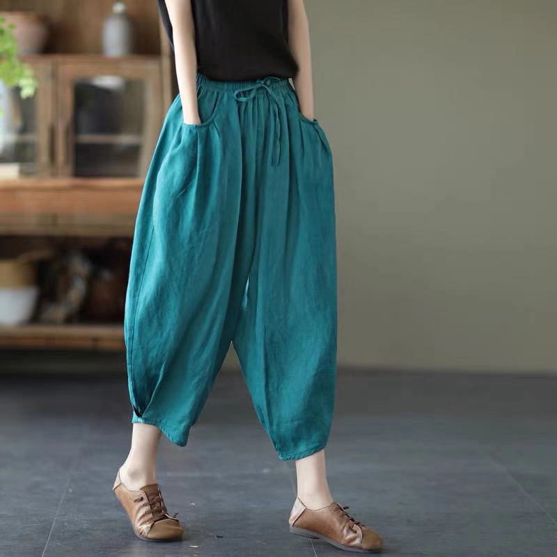 Vintage Elastic Waist Linen Summer Trousers for Women-Pants-Blue-M-Free Shipping Leatheretro
