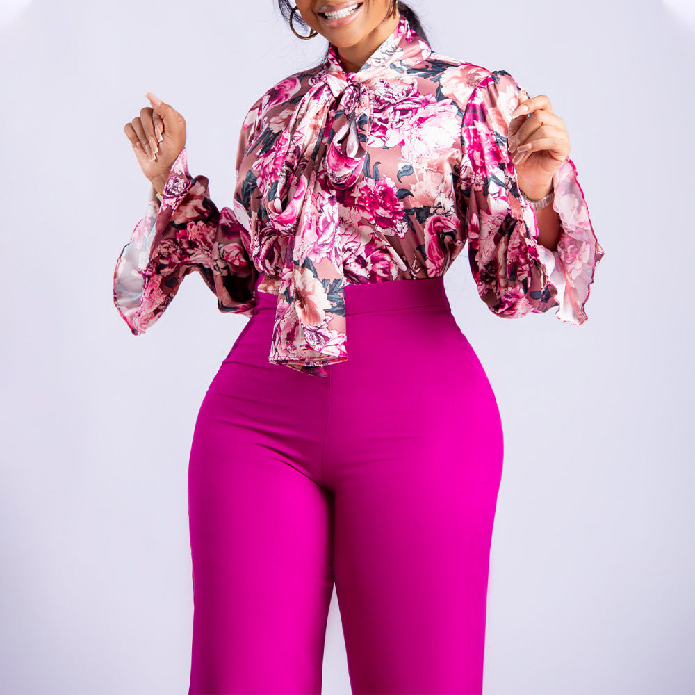 Fashion Plus Sizes Women Long Sleeves Shirts & Pants-Suits-Pink-S-Free Shipping Leatheretro