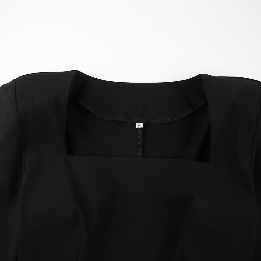 Designed Square Neckline Long Sheathe Black Dresses-Dresses-Black-S-Free Shipping Leatheretro