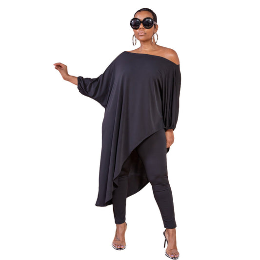 One Shoulder Irregular Bat Sleeves Tops&pants Suits-Suits-Black-S-Free Shipping Leatheretro