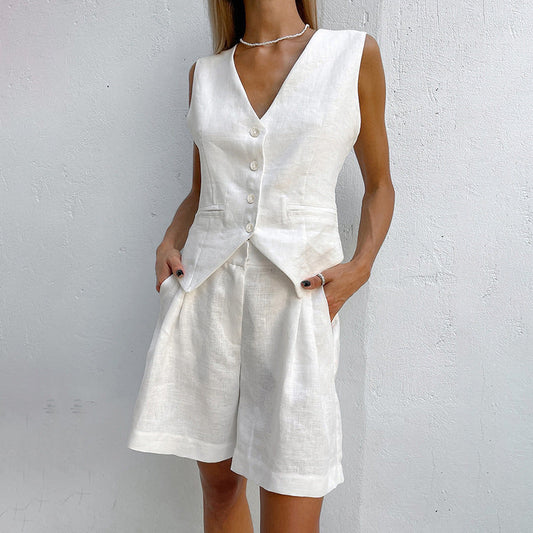 Designed Linen Cotton Summer Sleeveless Tops and Shorts Sets-Suits-White-S-Free Shipping Leatheretro