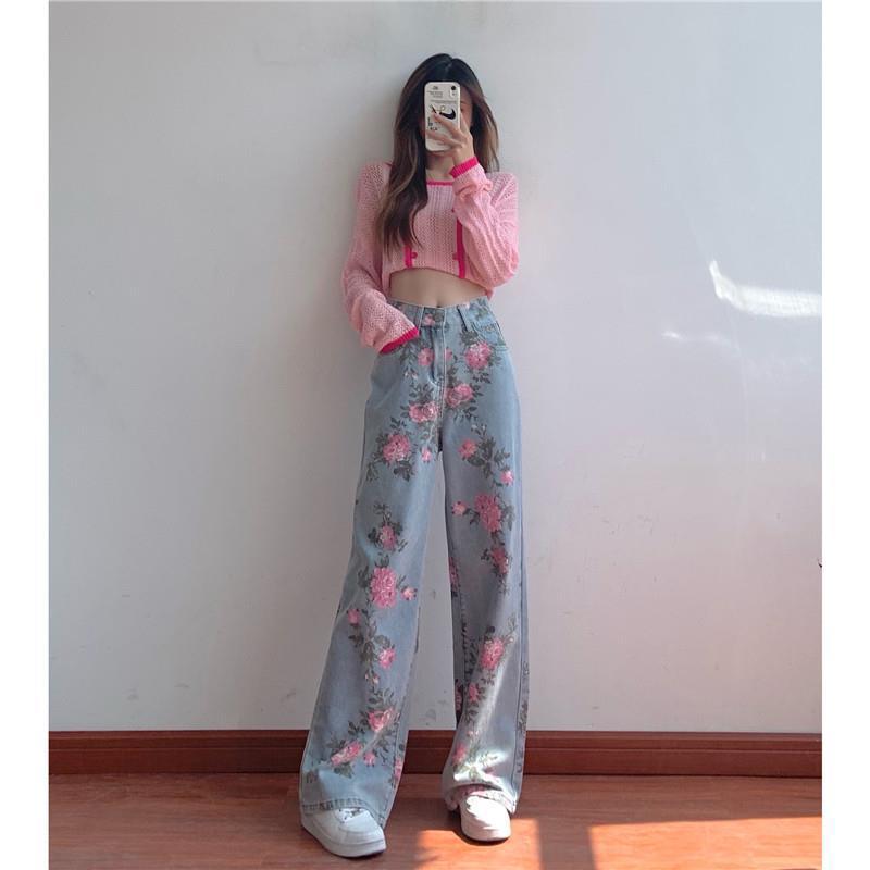 Vintage Rose Designed High Waist Straight Pants for Women-Pants-The same as picture-M（48-52 kg）-Free Shipping Leatheretro