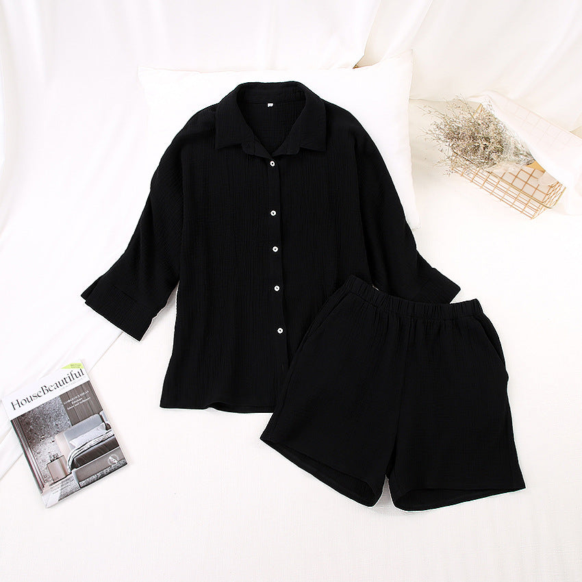 Women Cotton Two Pieces Shirts and Crop Shorts Sets-Suits-Black-S-Free Shipping Leatheretro