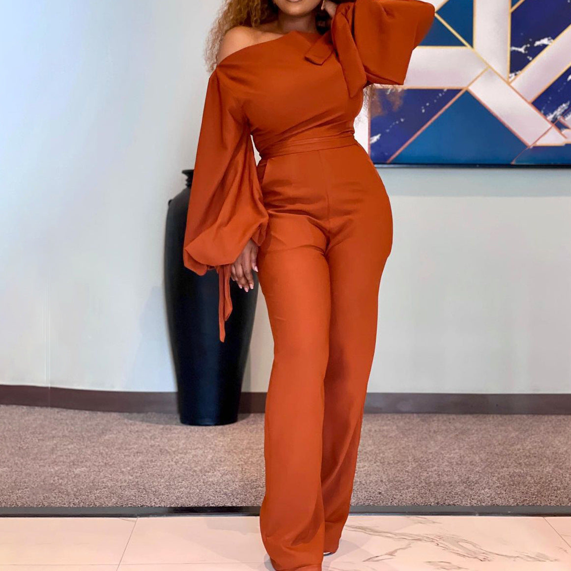 Sexy One Shoulder High Waist Plus Sizes Wide Legs Jumpsuits-Suits-Brown-S-Free Shipping Leatheretro