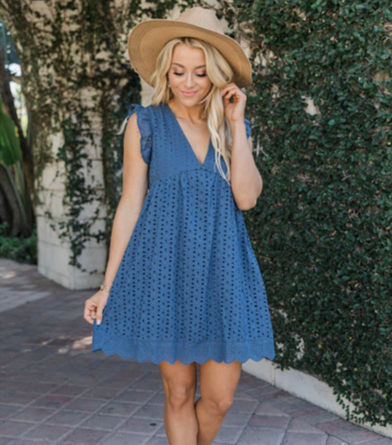 Summer Lace Hollow Out Sleeveless Daily Sun Dresses-Dresses-Dark Blue-S-Free Shipping Leatheretro