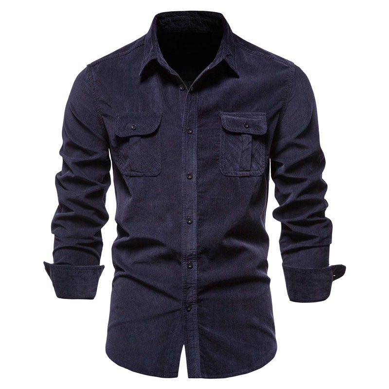 Men Long Sleeves Corduroy Business Shirts-Shirts & Tops-Navy Blue-M-Free Shipping Leatheretro