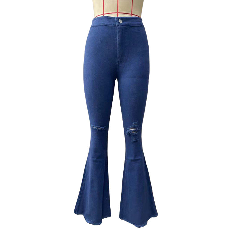Sexy Broken Holes Trumpet Elastic Jeans-Pants-Blue-S-Free Shipping Leatheretro