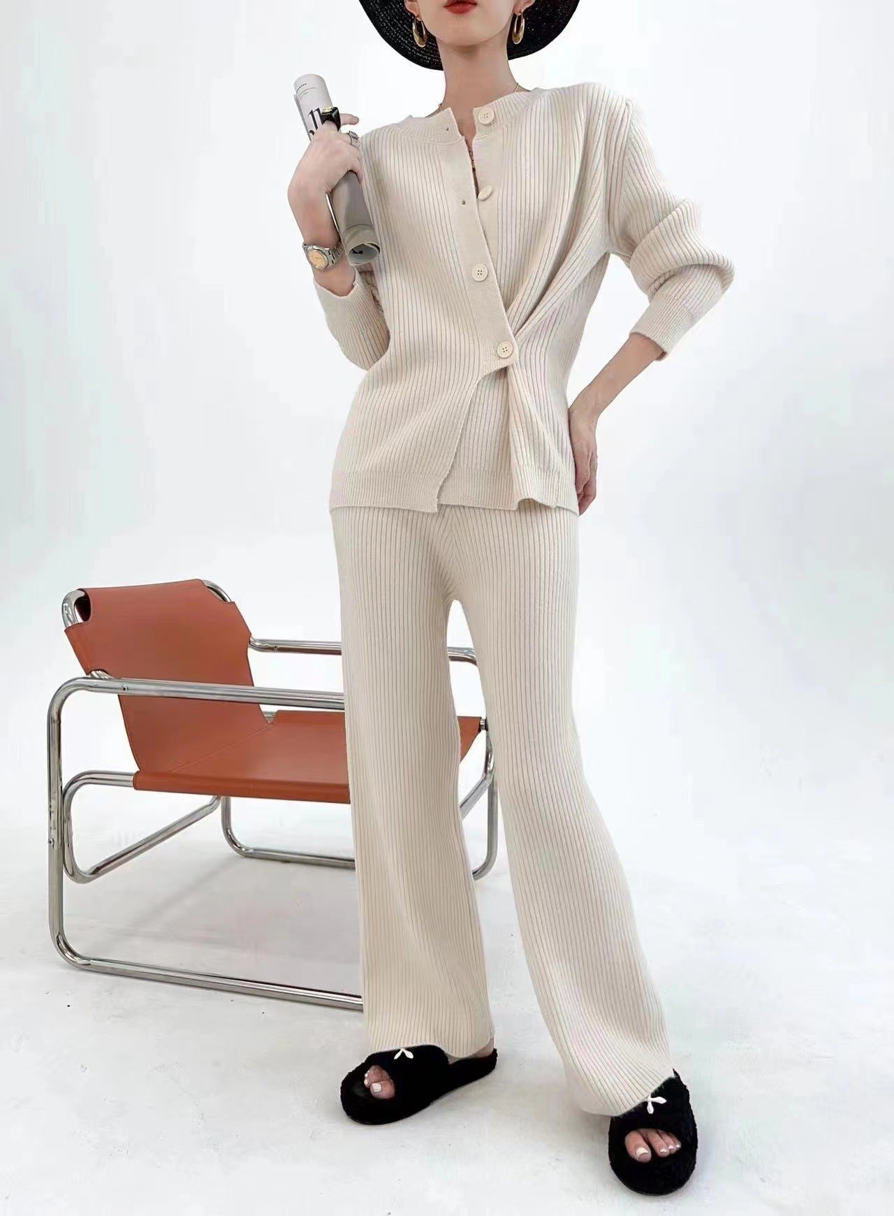 Designed Knitted Tops and Wide Legs Pants for Women-Suits-Off the White-One Size-Free Shipping Leatheretro
