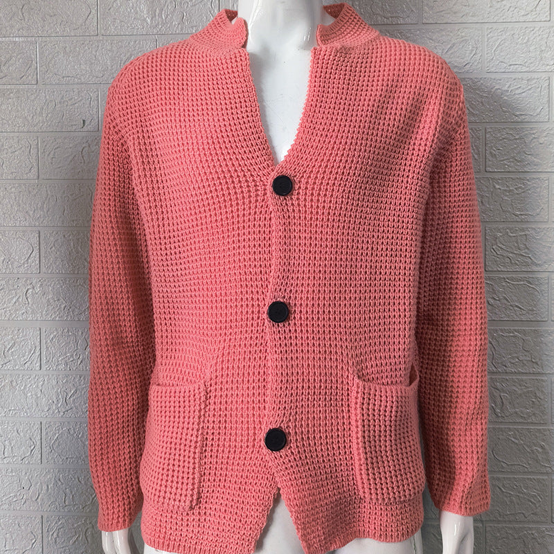 Casual Stand Collar Plus Sizes Knitted Cardigan Sweaters for Men-Shirts & Tops-Pink-S-Free Shipping Leatheretro