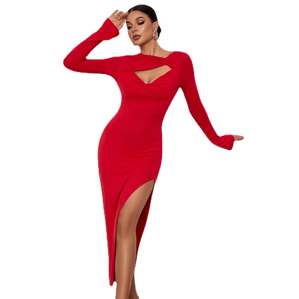 Sexy Long Sleeves Sheath Dresses-Dresses-Red-S-Free Shipping Leatheretro