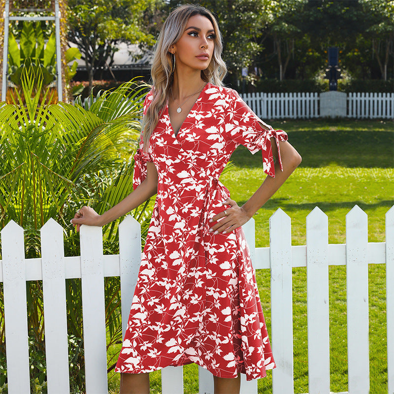 Casual Bowknot Summer Short Sleeves Dresses-Dresses-Red-S-Free Shipping Leatheretro