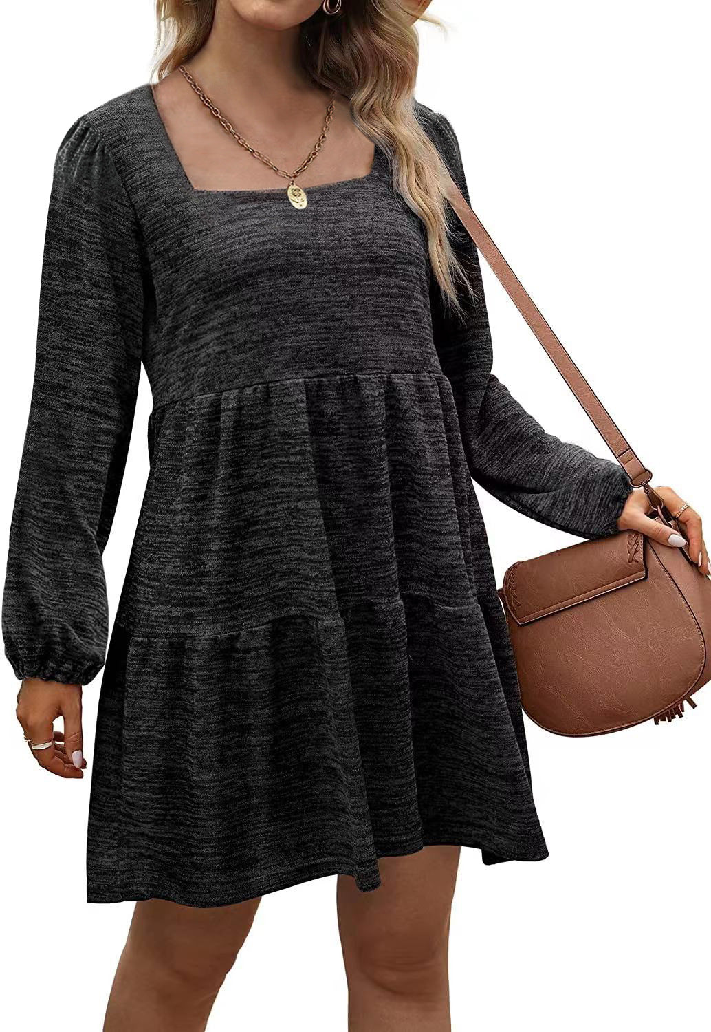 Fashion Square Neckline Fall Mini Dresses-Dresses-Coffee-S-Free Shipping Leatheretro