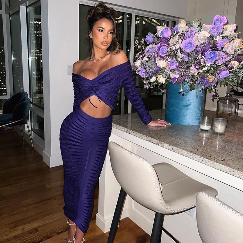 Sexy Long Sleeves Women Tops and Skirts Suits-Dresses-Purple-S-Free Shipping Leatheretro