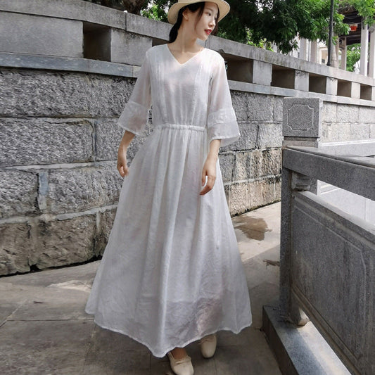 Ethnic Women Summer Linen Dresses-Dresses-White-L-Free Shipping Leatheretro