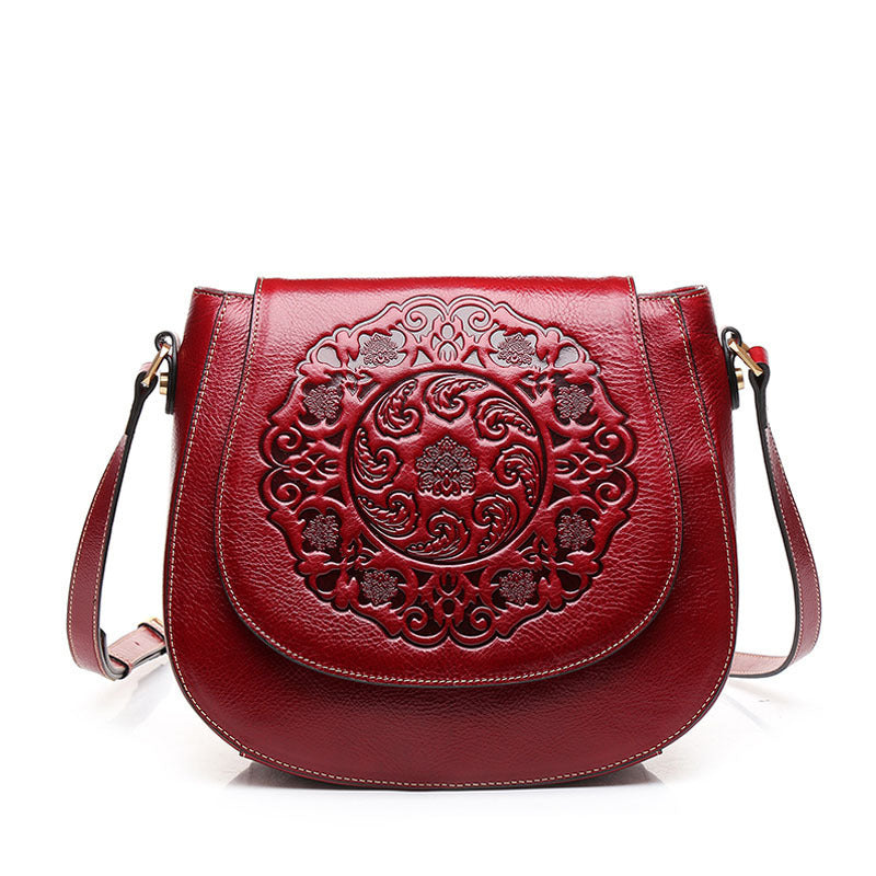 Vintage Cowhide Leather Totem Embossing Shoulder Handbags for Women-Leather Handbags for Women-Red-Free Shipping Leatheretro