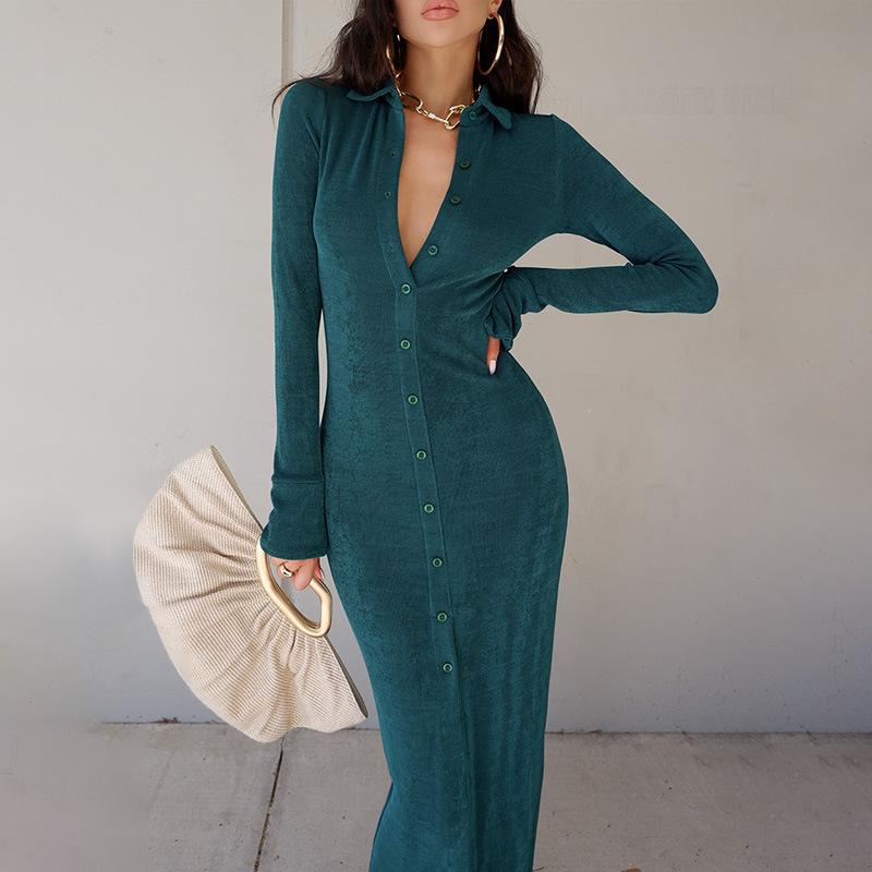 Sexy High Waist Knitting Long Sleeves Split Long Dresses-Dresses-Dark Green-S-Free Shipping Leatheretro