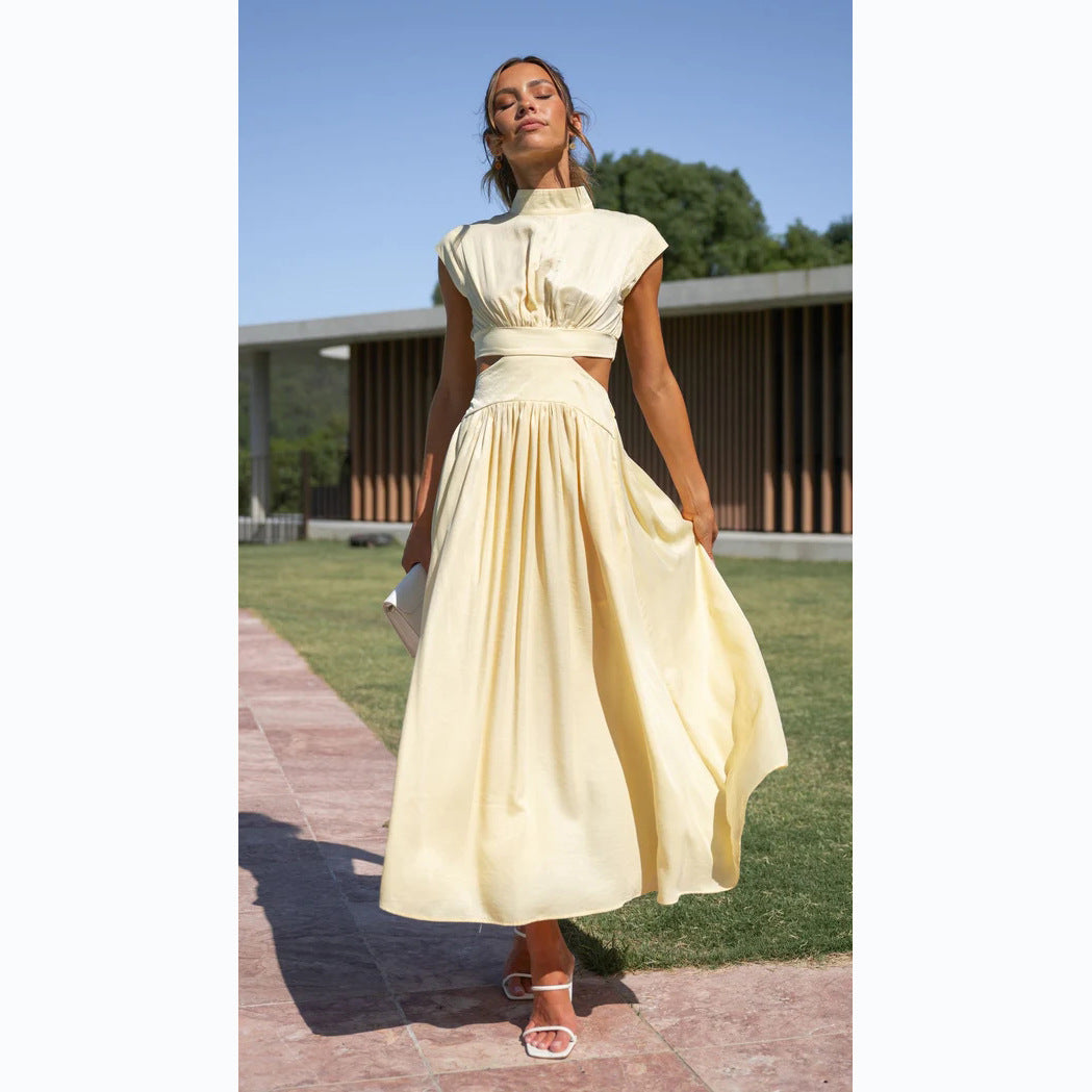 Fashion Stand Collar Waist Baring Summer Long Dresses-Dresses-Light Yellow-S-Free Shipping Leatheretro