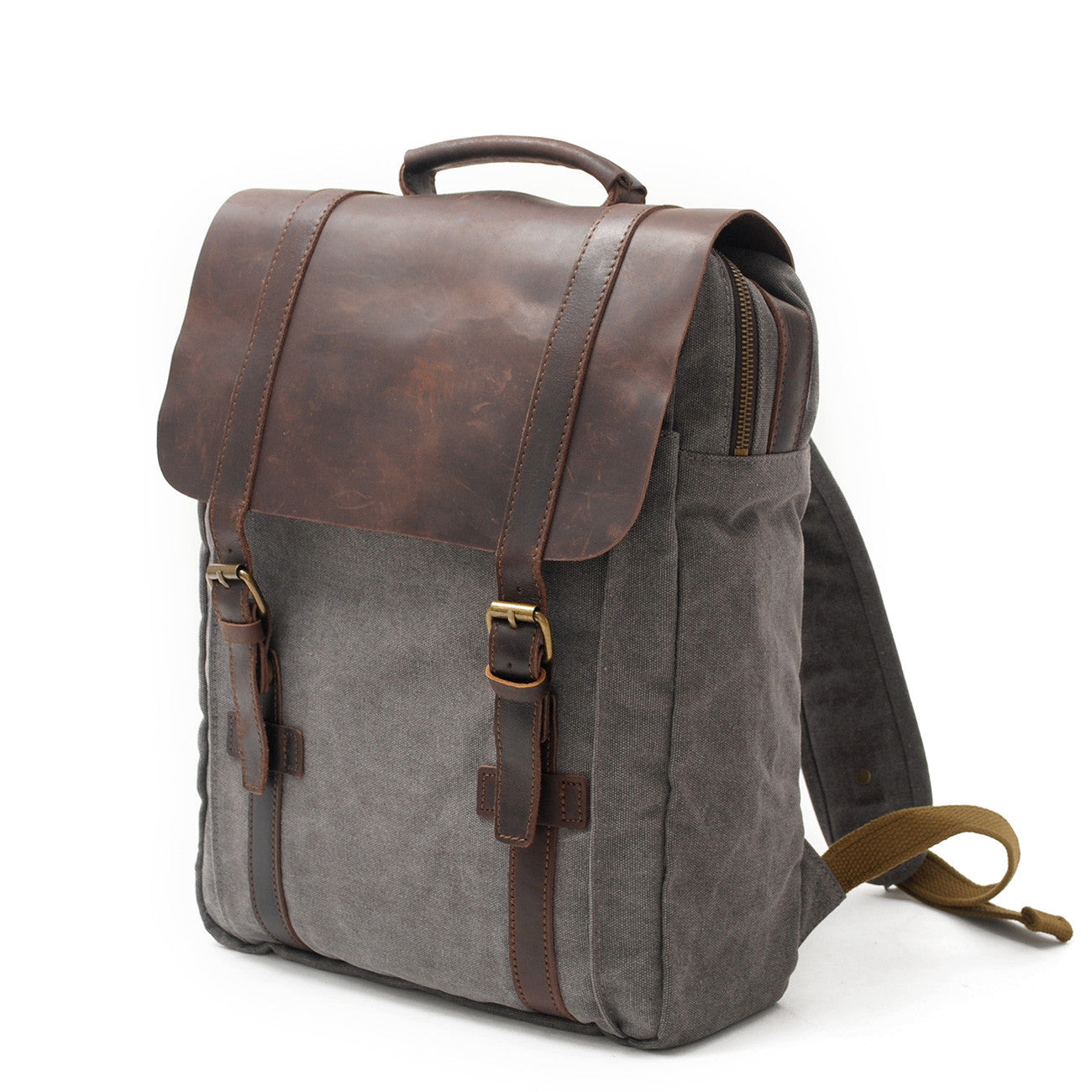 Men's Leisure Leather Canvas Traveling Backpack 6820-Leather Canvas Backpack-Khaki-Free Shipping Leatheretro