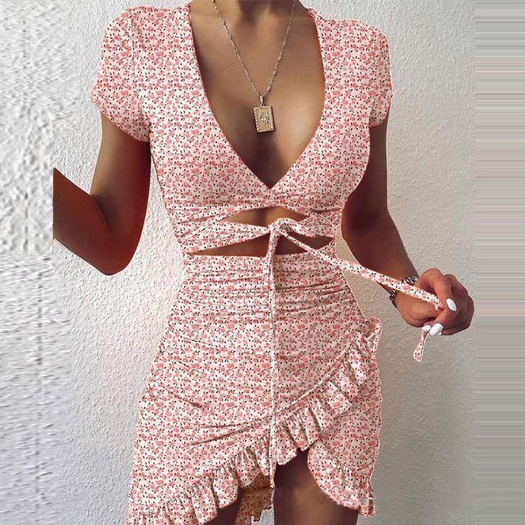 Sexy V-neck Irregular Tight Mini Dresses-Sexy Dresses-Pink-L-Free Shipping Leatheretro