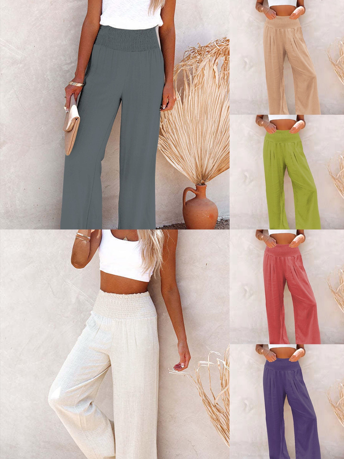 Casual Elastic Waist Linen Wide Legs Pants-Pants-White-S-Free Shipping Leatheretro