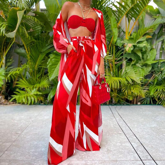 Sexy Summer Floral Print Strapless Three Pieces Suits-Maxi Dresses-Red-S-Free Shipping Leatheretro