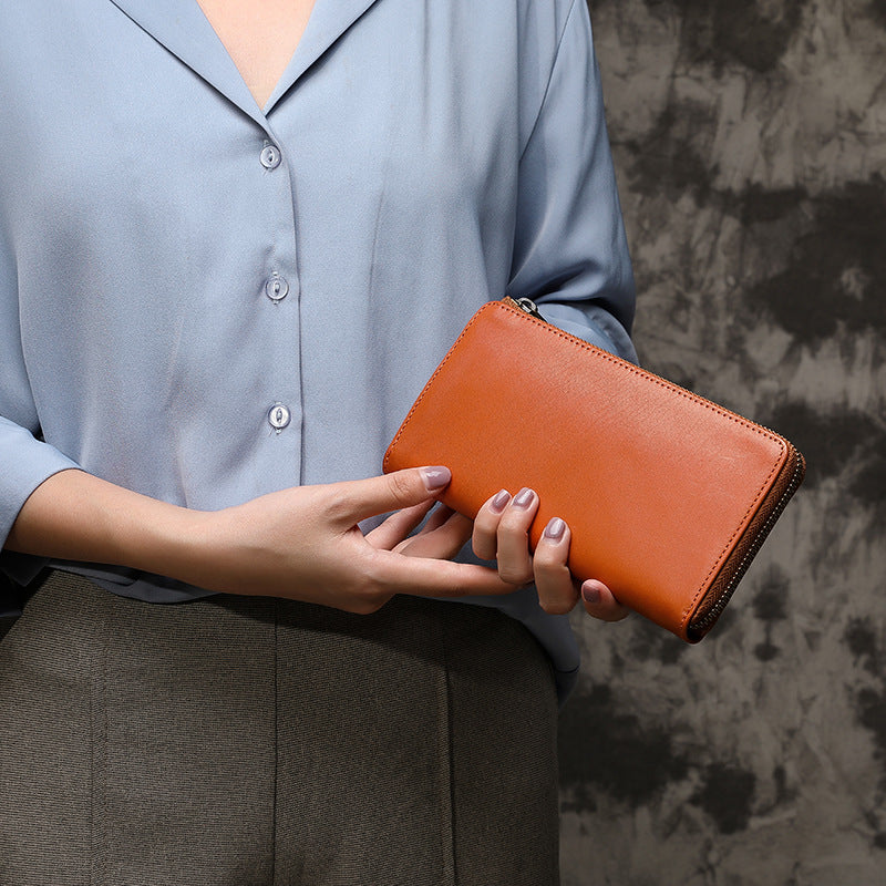 Vintage Vege Tanned Leather Long Zipper Wallets 19055-Handbags, Wallets & Cases-Black-Free Shipping Leatheretro