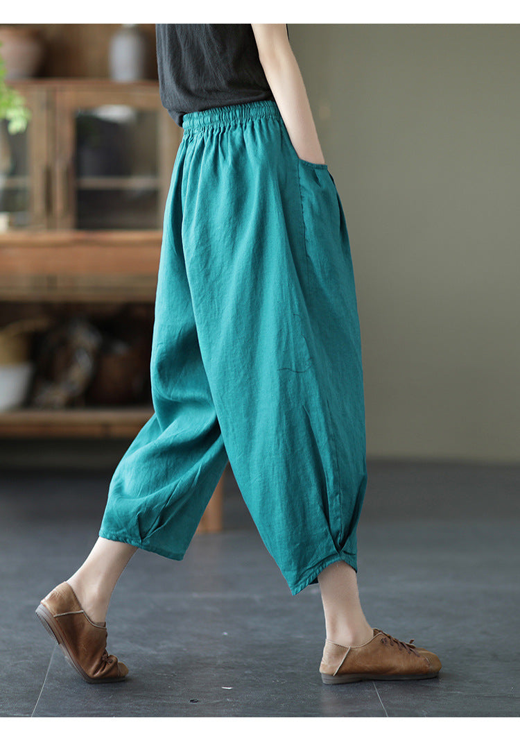 Vintage Elastic Waist Linen Summer Trousers for Women-Pants-White-M-Free Shipping Leatheretro