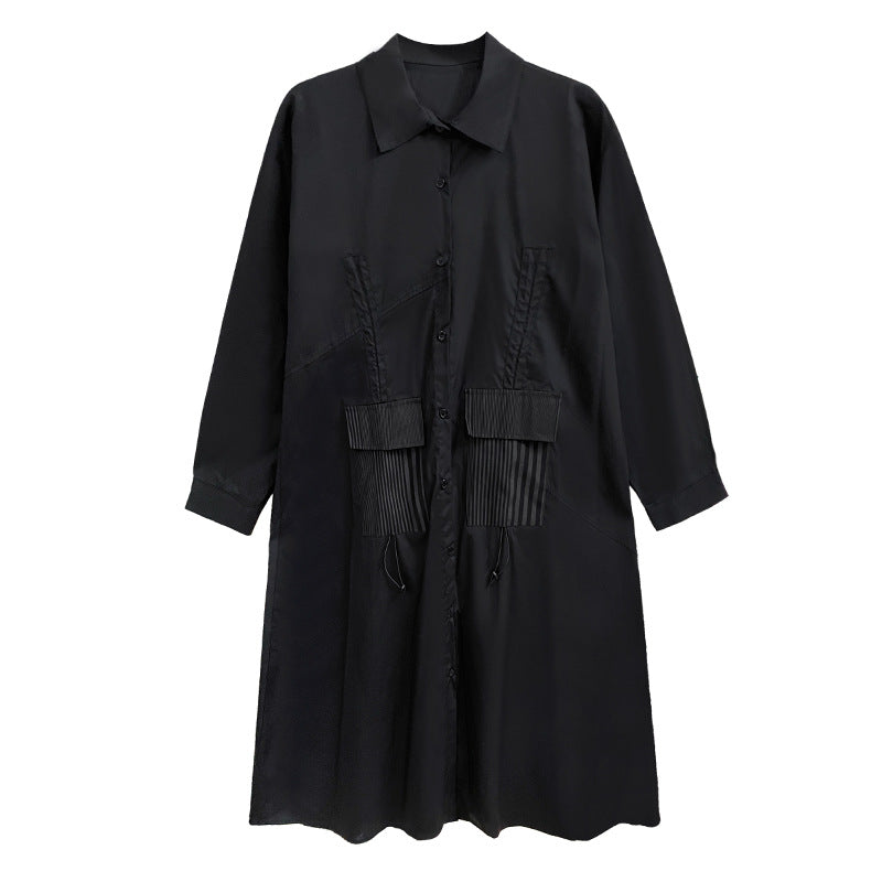 Designed Plus Sizes Long Sleeves Midi Shirts Dresses-Black-One Size-Free Shipping Leatheretro
