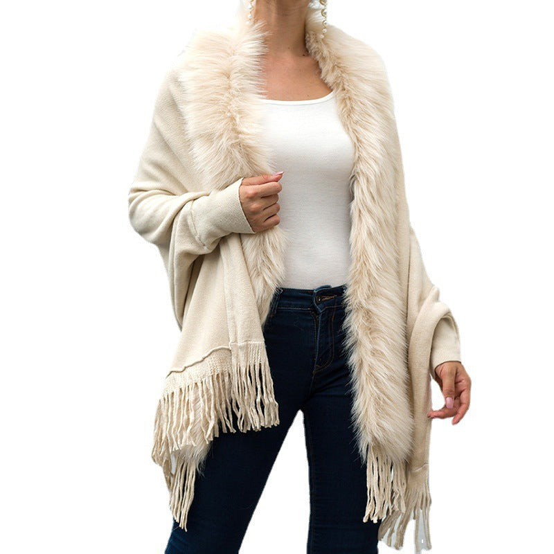Women Winter Tassels Fur Collar Cardigan Overcoat-Outerwear-Red-One Size-Free Shipping Leatheretro