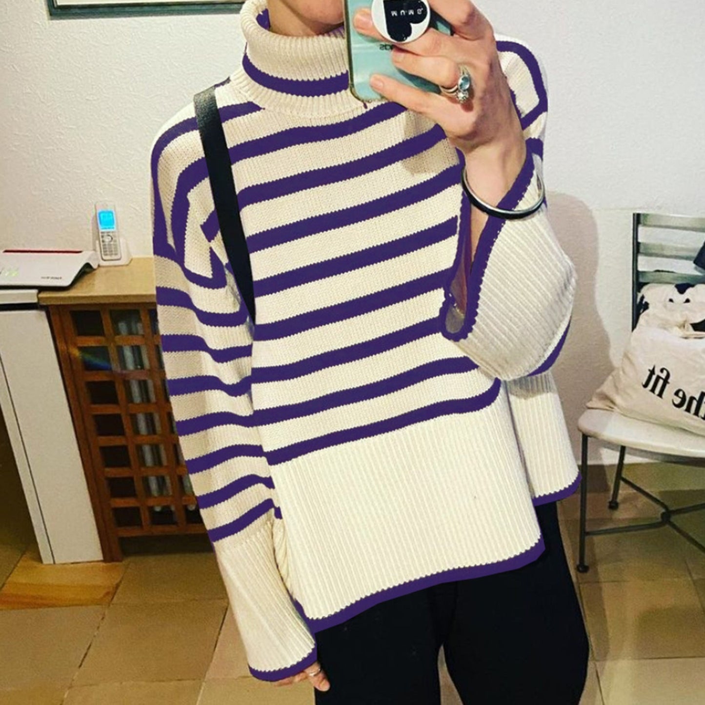 Women High Neck Knitting Striped Sweaters-Shirts & Tops-Blue Striped-S-Free Shipping Leatheretro