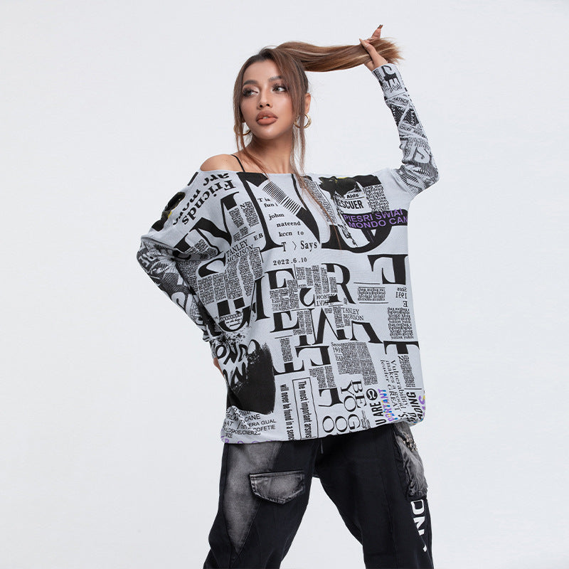 Casual Newspaper Pattern Women Loose Long Sleeves Shirts-Shirts & Tops-Gray-One Size-Free Shipping Leatheretro