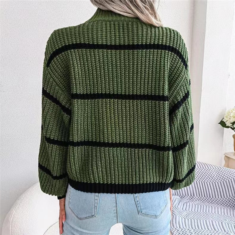 Fashion Striped High Neck Knitted Pullover Sweaters-Shirts & Tops-White-One Size-Free Shipping Leatheretro