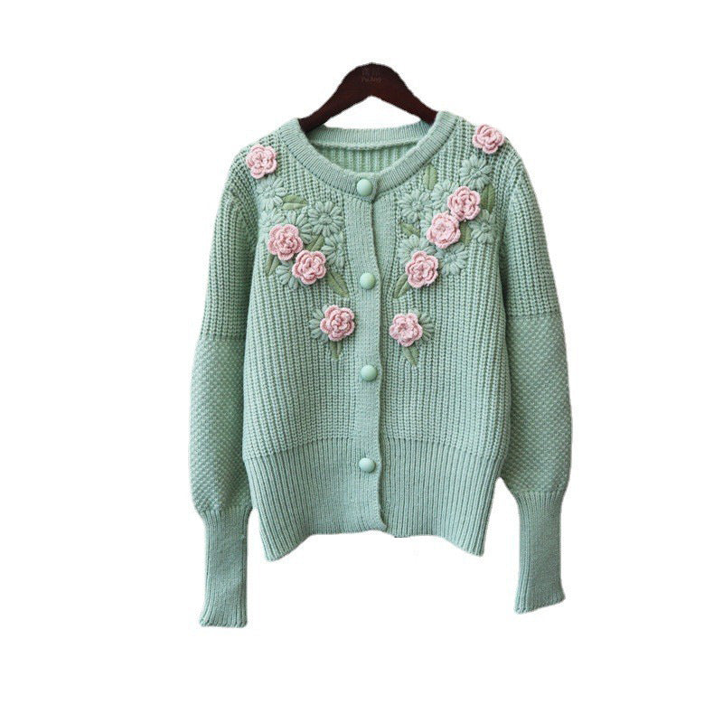 3D Knitting Rose Design Sweetly Knitted Overcoats-Shirts & Tops-Blue-One Size-Free Shipping Leatheretro