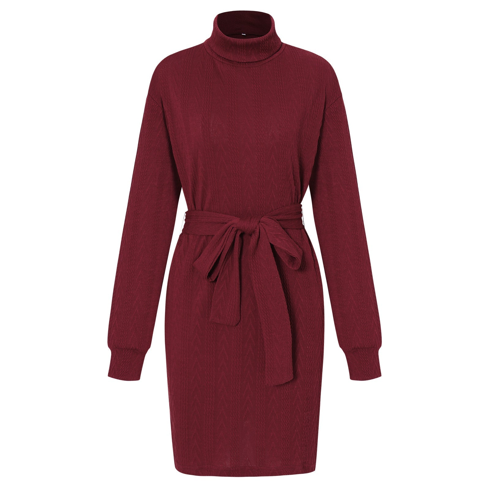 Fashion High Neck Knitted Short Dresses-Dresses-Wine Red-S-Free Shipping Leatheretro