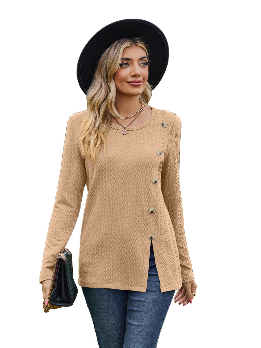 Fashion Round Neckline Button Long Sleeves Shirts-Shirts & Tops-Light Khaki-S-Free Shipping Leatheretro