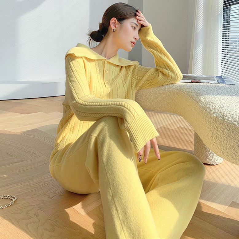 Fashion Knitted Pullover Sweater and Wide Legs Pants Sets-Suits-Light Yellow-One Size-Free Shipping Leatheretro