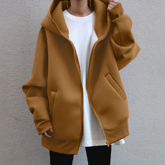 Women Winter Velvet Zipper Hoodies Overcoat-Shirts & Tops-Khaki-S-Free Shipping Leatheretro